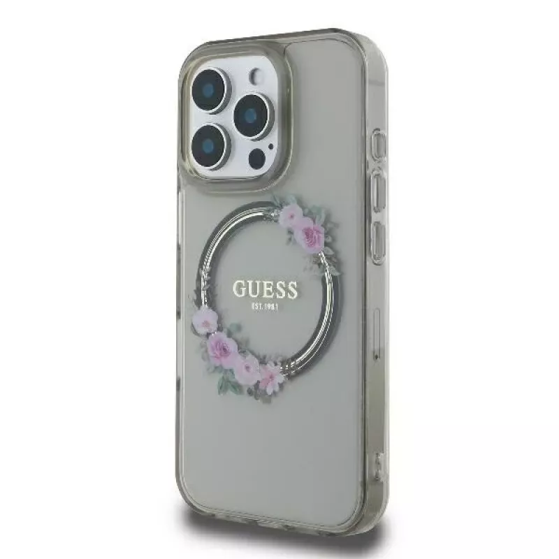 Guess GUHMP16XHFWFCK iPhone 16 Pro Max 6.9 Preto capa rígida IML Flowers Wreath MagSafe