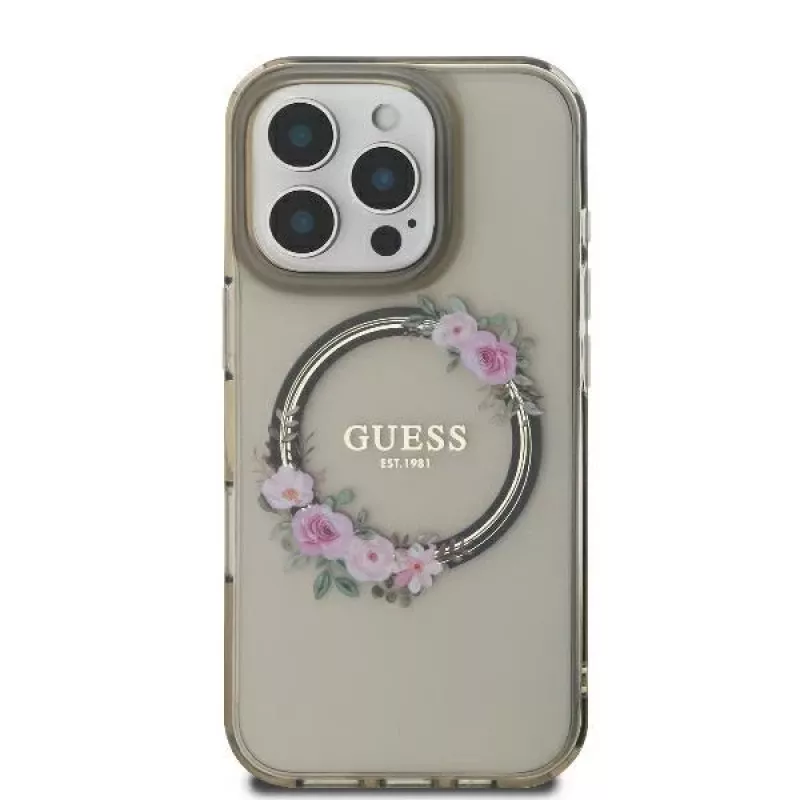 Guess GUHMP16XHFWFCK iPhone 16 Pro Max 6.9 Preto capa rígida IML Flowers Wreath MagSafe