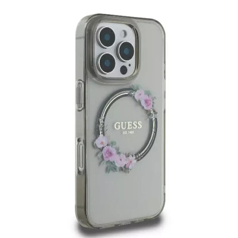 Guess GUHMP16XHFWFCK iPhone 16 Pro Max 6.9 Preto capa rígida IML Flowers Wreath MagSafe