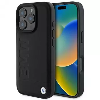 BMW Hot Stamp capa rígida em pele para iPhone 16 Pro 6,3 inch Preto