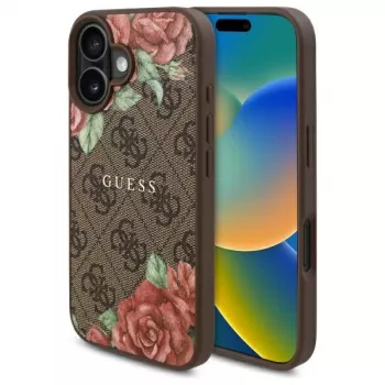 Guess GUHMP16SP4ROPEMCW Capa rígida para Apple iPhone 16 6,1 polegadas castanha 4G Flowers Print MagSafe