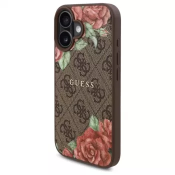 Guess GUHMP16SP4ROPEMCW Capa rígida para Apple iPhone 16 6,1 polegadas castanha 4G Flowers Print MagSafe
