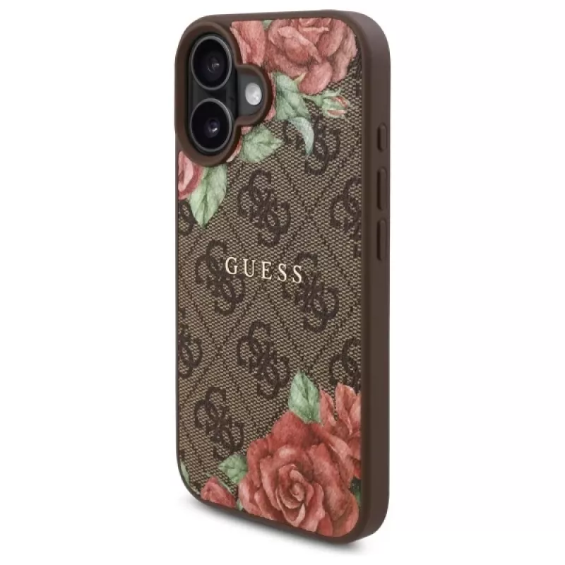 Guess GUHMP16SP4ROPEMCW Capa rígida para Apple iPhone 16 6,1 polegadas castanha 4G Flowers Print MagSafe