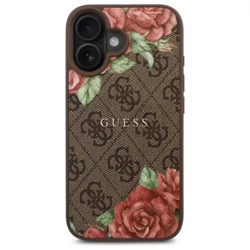 Guess GUHMP16SP4ROPEMCW Capa rígida para Apple iPhone 16 6,1 polegadas castanha 4G Flowers Print MagSafe