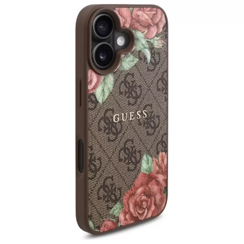 Guess GUHMP16SP4ROPEMCW Capa rígida para Apple iPhone 16 6,1 polegadas castanha 4G Flowers Print MagSafe