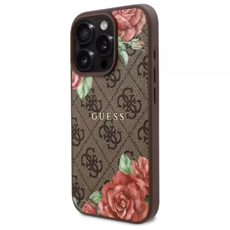 Guess GUHMP16LP4ROPEMCW Capa rígida para iPhone 16 Pro 4G Flowers Print MagSafe castanha