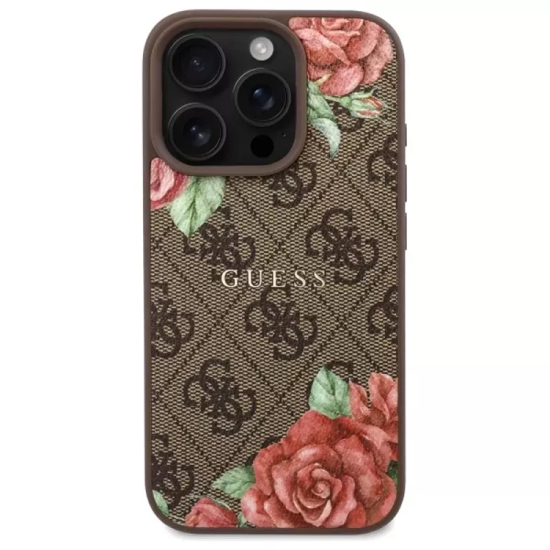 Guess GUHMP16LP4ROPEMCW Capa rígida para iPhone 16 Pro 4G Flowers Print MagSafe castanha