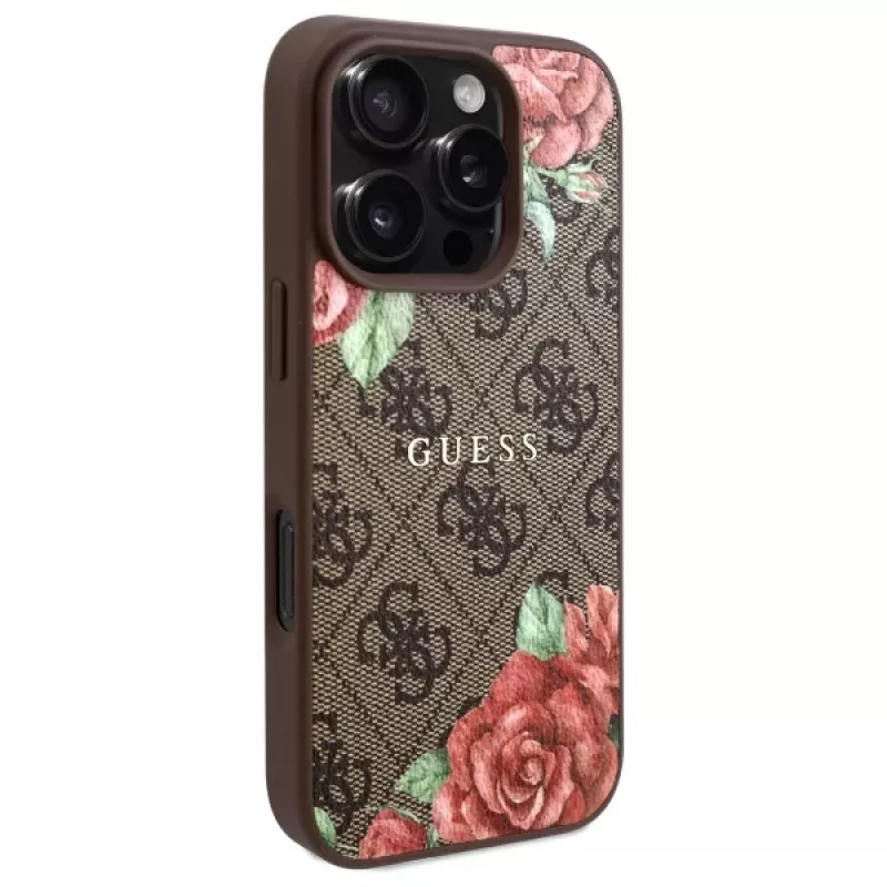 Guess GUHMP16LP4ROPEMCW Capa rígida para iPhone 16 Pro 4G Flowers Print MagSafe castanha