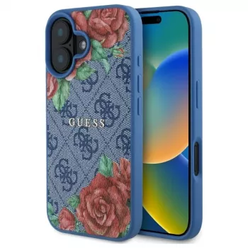 Guess GUHMP16SP4ROPEMCB Capa rígida para iPhone 16 6,1 polegadas azul 4G Flowers Print MagSafe