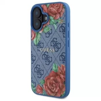 Guess GUHMP16SP4ROPEMCB Capa rígida para iPhone 16 6,1 polegadas azul 4G Flowers Print MagSafe