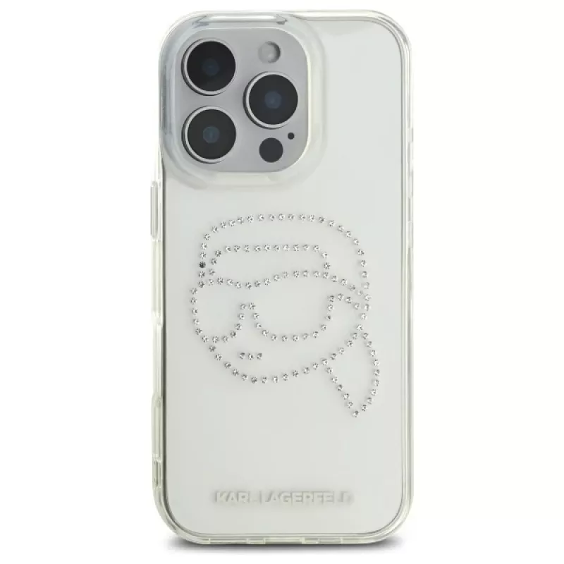 Karl Lagerfeld IML Rhinestones Karl Head Capa traseira para iPhone 16 Pro Max (transparente)