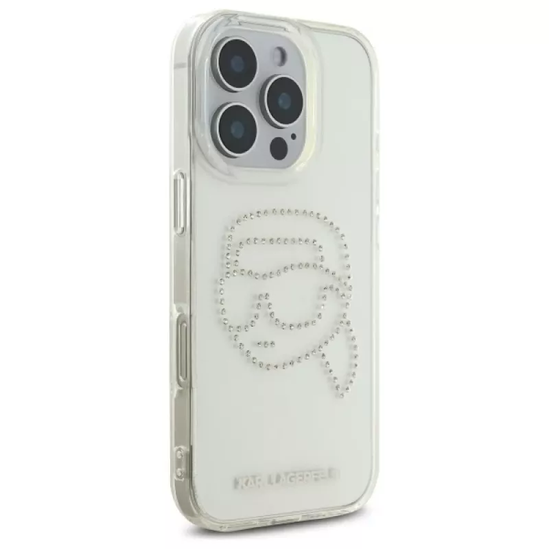 Karl Lagerfeld IML Rhinestones Karl Head Capa traseira para iPhone 16 Pro Max (transparente)