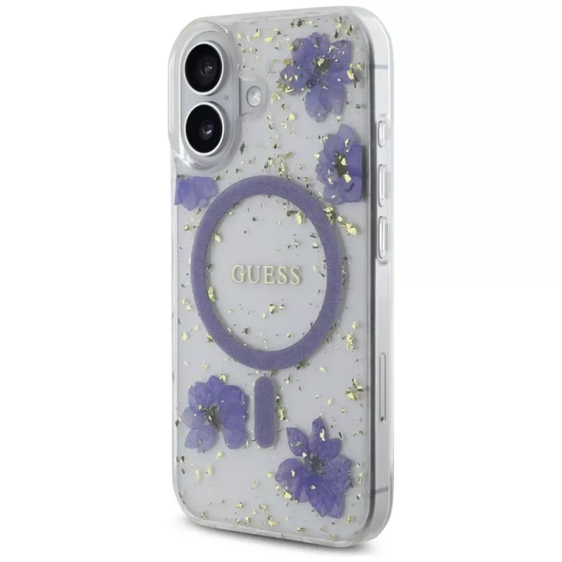 Guess Resin Flowers Glitter Capa MagSafe para iPhone 16 roxa