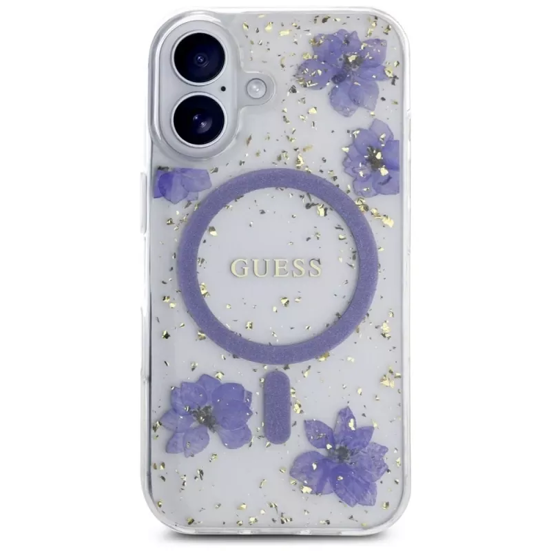 Guess Resin Flowers Glitter Capa MagSafe para iPhone 16 roxa