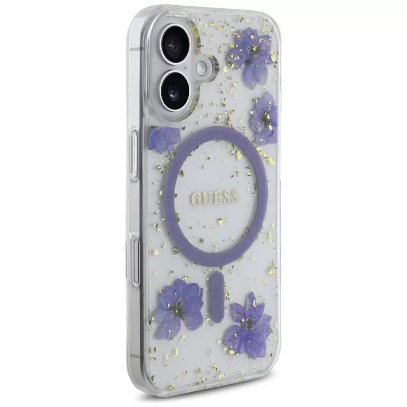 Guess Resin Flowers Glitter Capa MagSafe para iPhone 16 roxa
