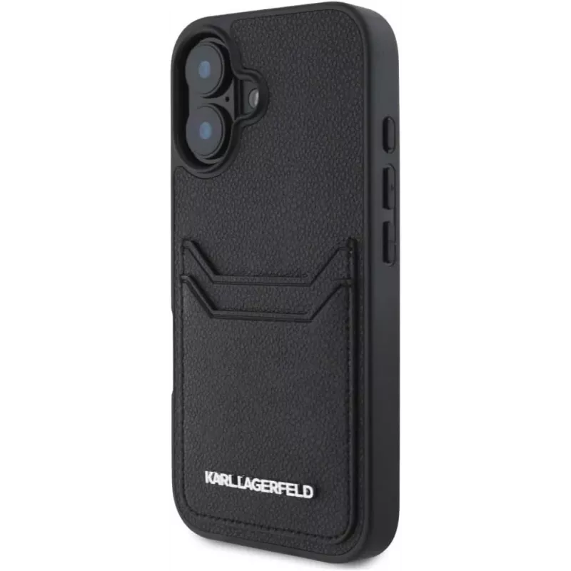 Karl Lagerfeld HC Grained PU Card Slot Metal Elongated Capa para iPhone 16, preto