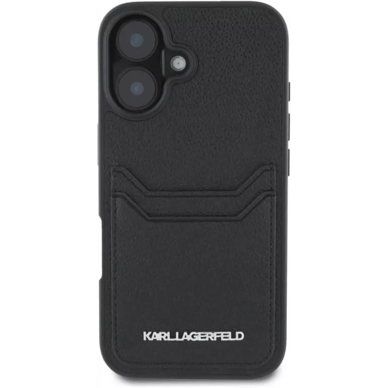 Karl Lagerfeld HC Grained PU Card Slot Metal Elongated Capa para iPhone 16, preto