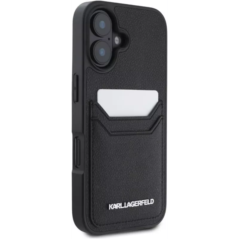 Karl Lagerfeld HC Grained PU Card Slot Metal Elongated Capa para iPhone 16, preto