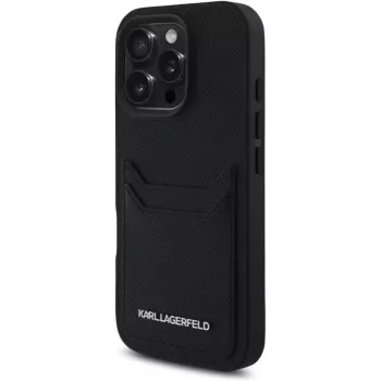 KARL LAGERFELD HC Grained PU Card Slot Metal Elongated Capa para iPhone 16 Pro preto