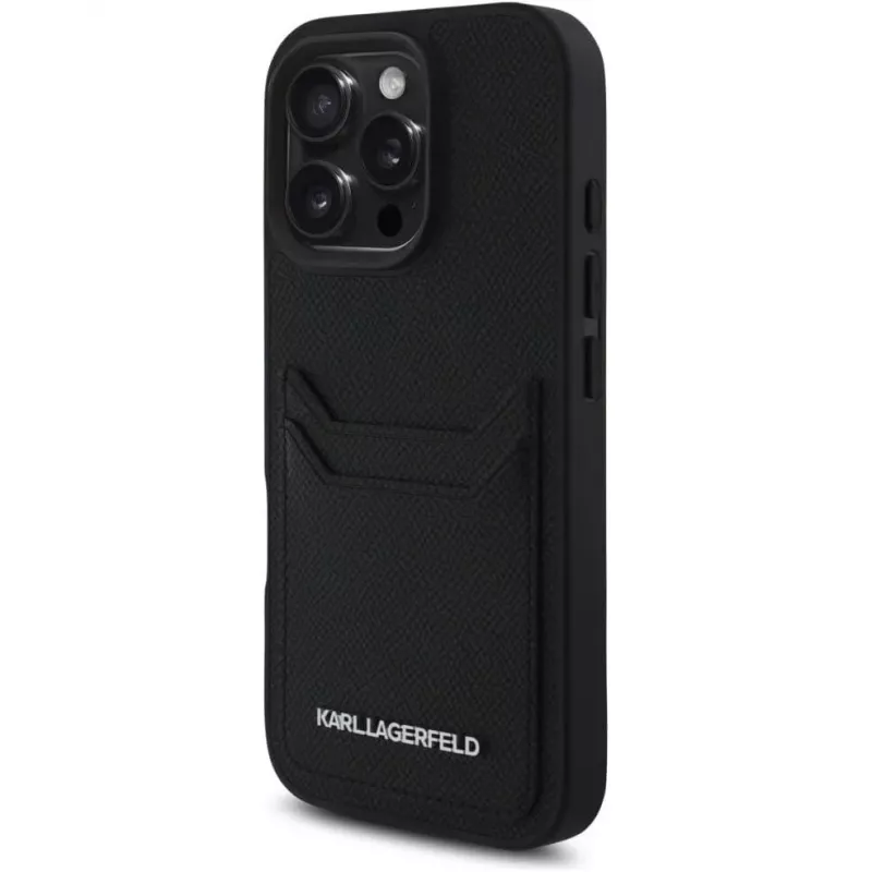 KARL LAGERFELD HC Grained PU Card Slot Metal Elongated Capa para iPhone 16 Pro preto