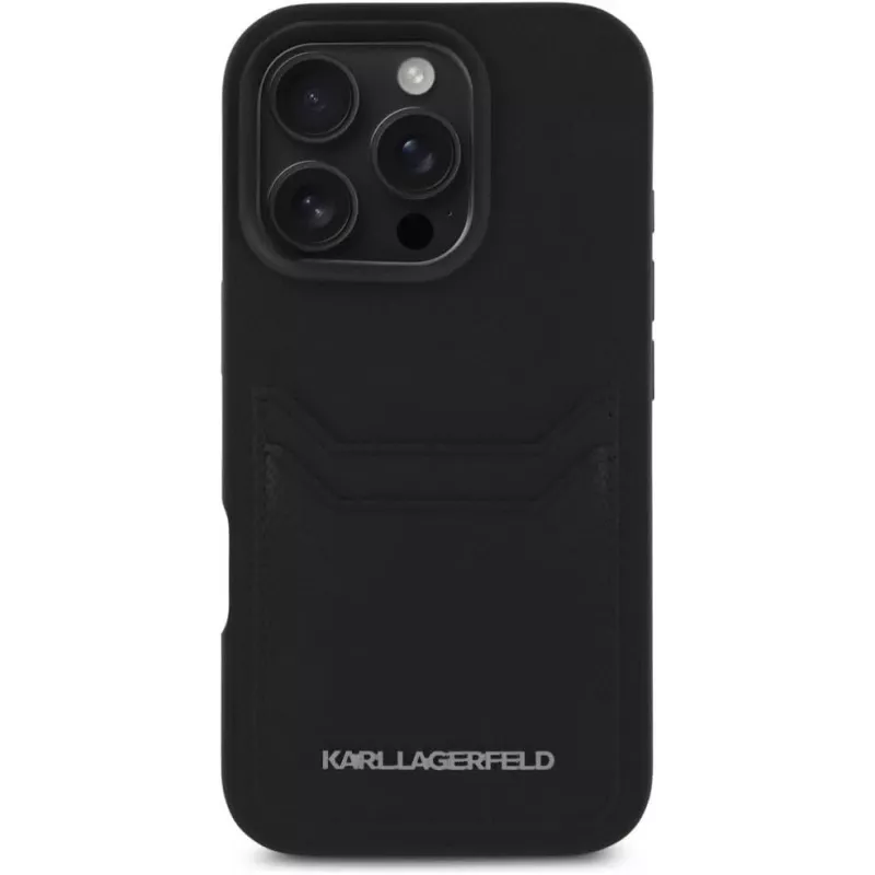 KARL LAGERFELD HC Grained PU Card Slot Metal Elongated Capa para iPhone 16 Pro preto