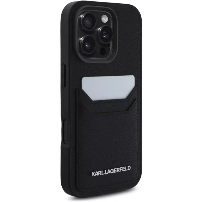 KARL LAGERFELD HC Grained PU Card Slot Metal Elongated Capa para iPhone 16 Pro preto