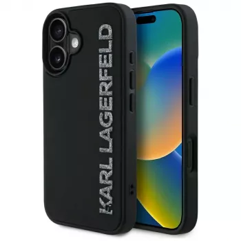 KARL LAGERFELD HC 3D Rubber Elongated Glitter Capa para iPhone 16, preto