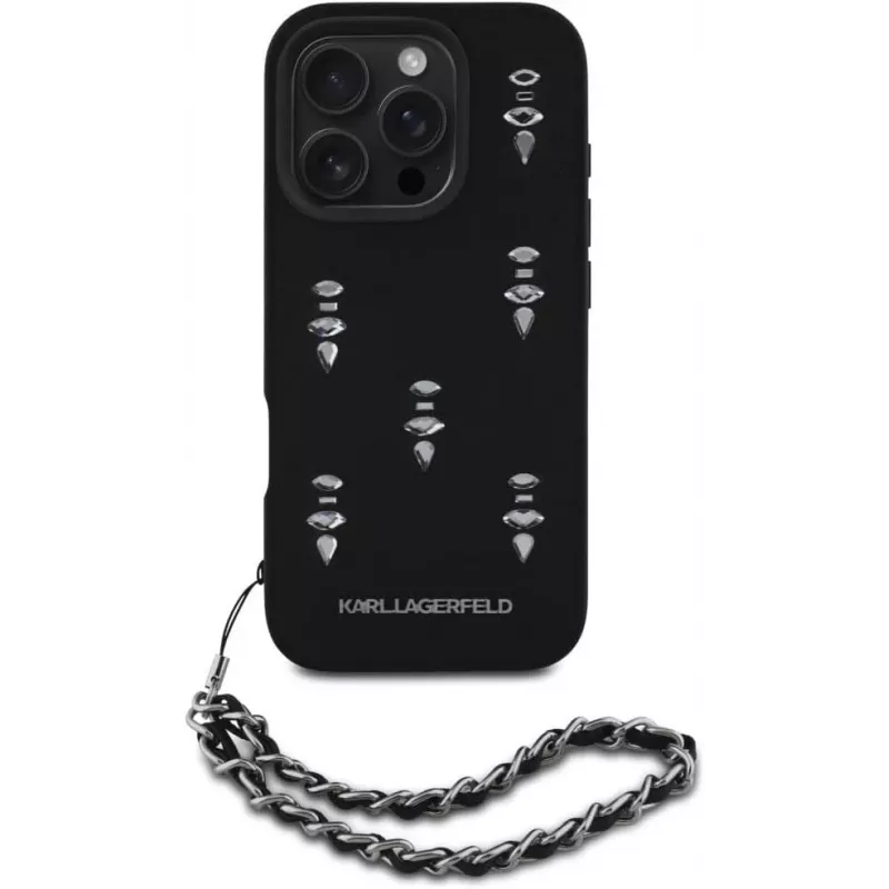 Capa traseira Karl Lagerfeld Saffiano Crystals with Chain para iPhone 16 Pro, preto