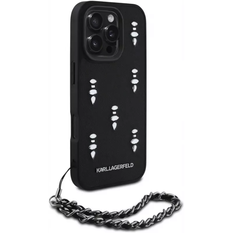 Capa traseira Karl Lagerfeld Saffiano Crystals with Chain para iPhone 16 Pro, preto