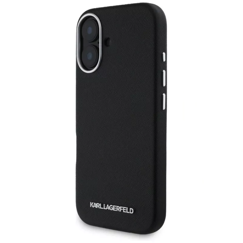 Karl Lagerfeld Saffiano FullWrapped Elongated Metal Logo Capa MagSafe para iPhone 16 preto