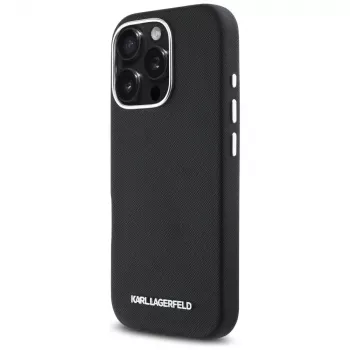 Karl Lagerfeld Saffiano Full Wrapped Elongated Metal Logo Capa MagSafe para iPhone 16 Pro preto