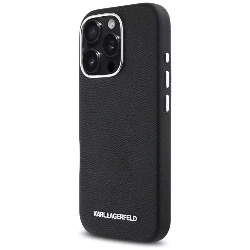 Karl Lagerfeld Saffiano Full Wrapped Elongated Metal Logo Capa MagSafe para iPhone 16 Pro preto