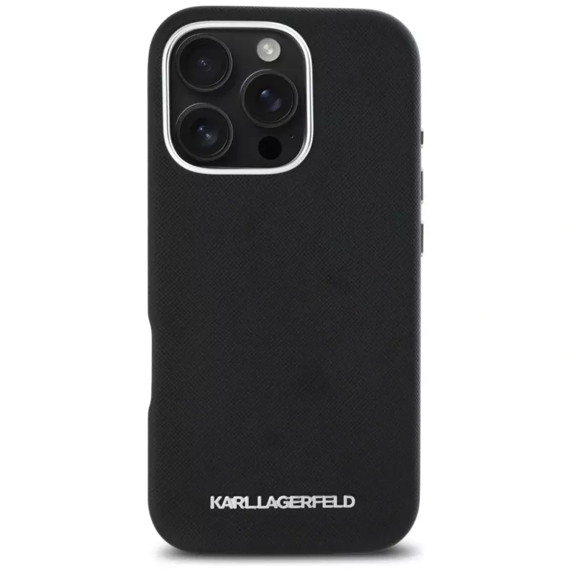 Karl Lagerfeld Saffiano Full Wrapped Elongated Metal Logo Capa MagSafe para iPhone 16 Pro preto
