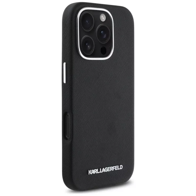 Karl Lagerfeld Saffiano Full Wrapped Elongated Metal Logo Capa MagSafe para iPhone 16 Pro preto