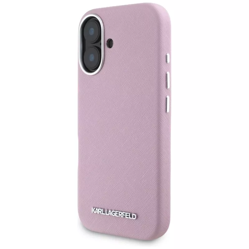 KARL LAGERFELD Saffiano Full Wrapped Elongated Metal Logo Capa MagSafe para Apple iPhone 16 - rosa
