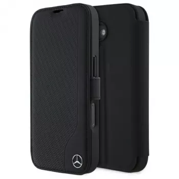 Mercedes-Benz MEBKP16S23RBGVK Capa tipo livro para iPhone 16 6,1, preto, pele sintética e imitação de madeira