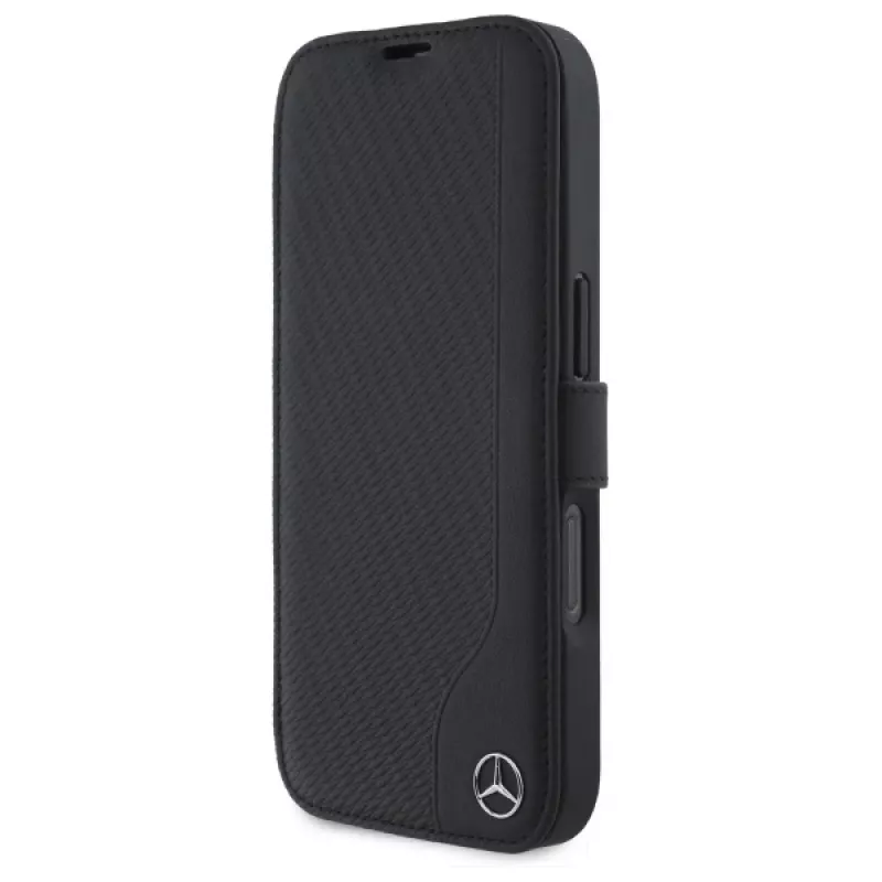 Mercedes-Benz MEBKP16S23RBGVK Capa tipo livro para iPhone 16 6,1, preto, pele sintética e imitação de madeira