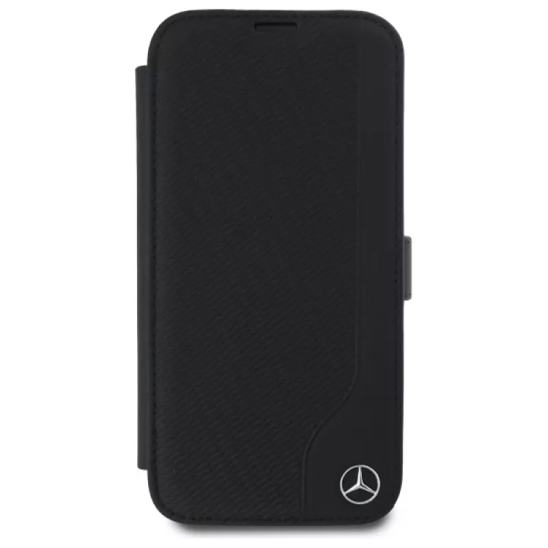 Mercedes-Benz MEBKP16S23RBGVK Capa tipo livro para iPhone 16 6,1, preto, pele sintética e imitação de madeira