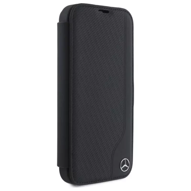 Mercedes-Benz MEBKP16S23RBGVK Capa tipo livro para iPhone 16 6,1, preto, pele sintética e imitação de madeira