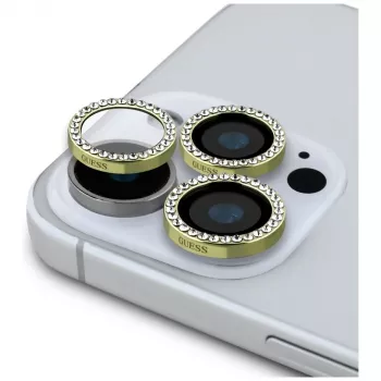 Guess BP Rhinestone Conjunto protetor de ecrã e lente da câmara 2 em 1 para iPhone 16 Pro Max dourado