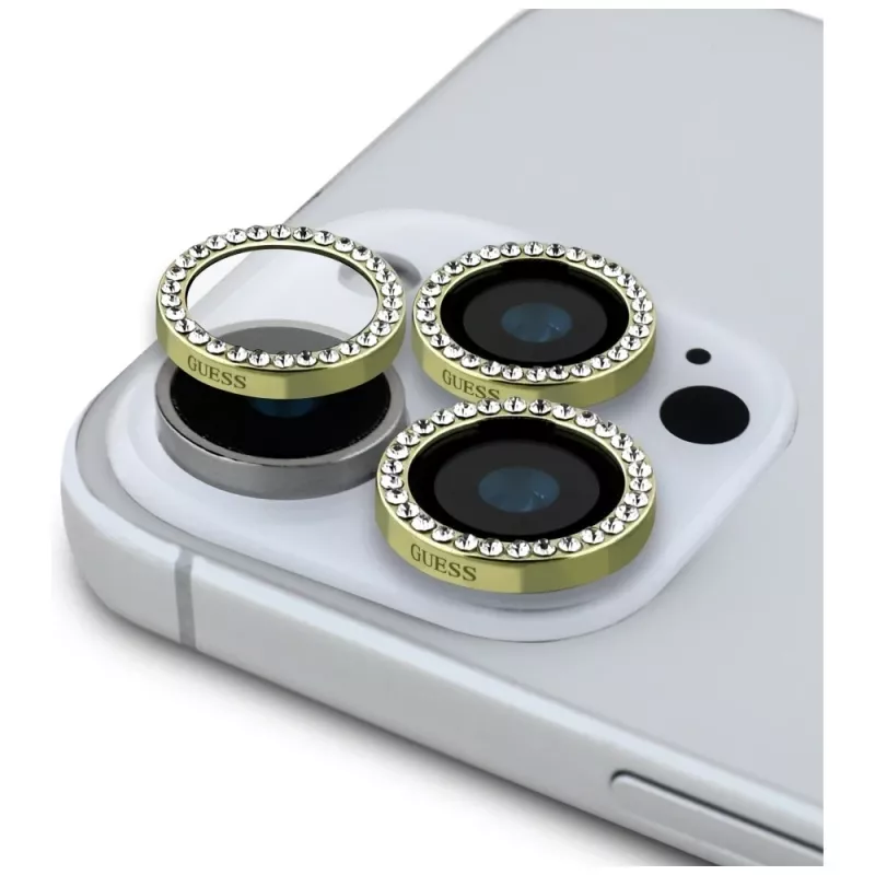 Guess BP Rhinestone Conjunto protetor de ecrã e lente da câmara 2 em 1 para iPhone 16 Pro Max dourado