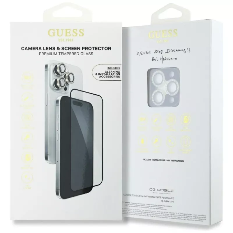 Guess BP Rhinestone Conjunto protetor de ecrã e lente da câmara 2 em 1 para iPhone 16 Pro Max dourado