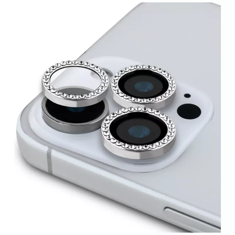 Guess BP Rhinestone Conjunto protetor de ecrã e lente da câmara 2 em 1 para Apple iPhone 16 Pro Max - prateado