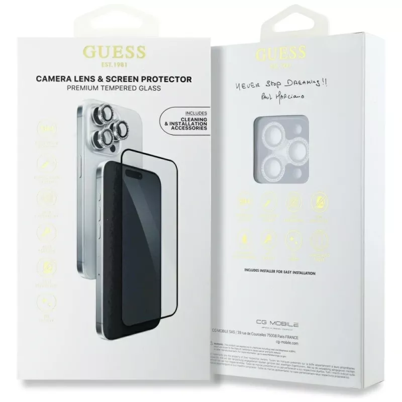 Guess BP Rhinestone Conjunto protetor de ecrã e lente da câmara 2 em 1 para Apple iPhone 16 Pro Max - prateado