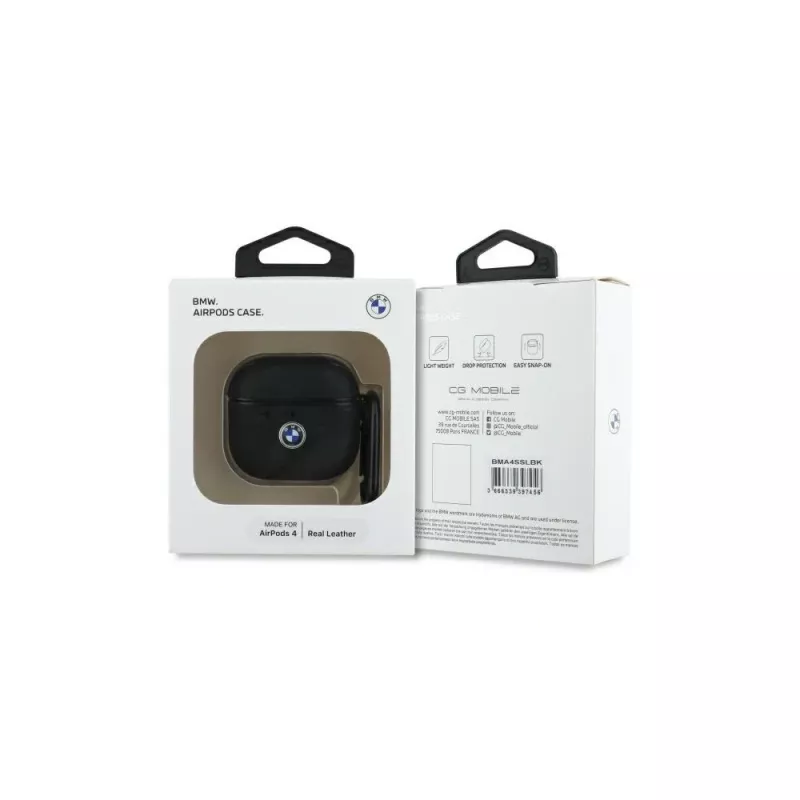 BMW BMA4SSLBK AirPods 4 Capa Preto Pele Genuína Logótipo Prateado