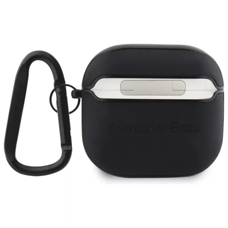 Capa Mercedes-Benz MEA4CSLBK para AirPods 4 preta em pele com logótipo metálico
