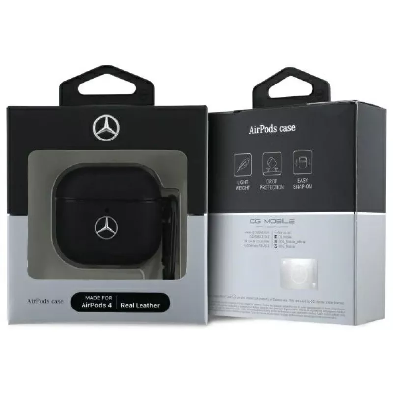 Capa Mercedes-Benz MEA4CSLBK para AirPods 4 preta em pele com logótipo metálico