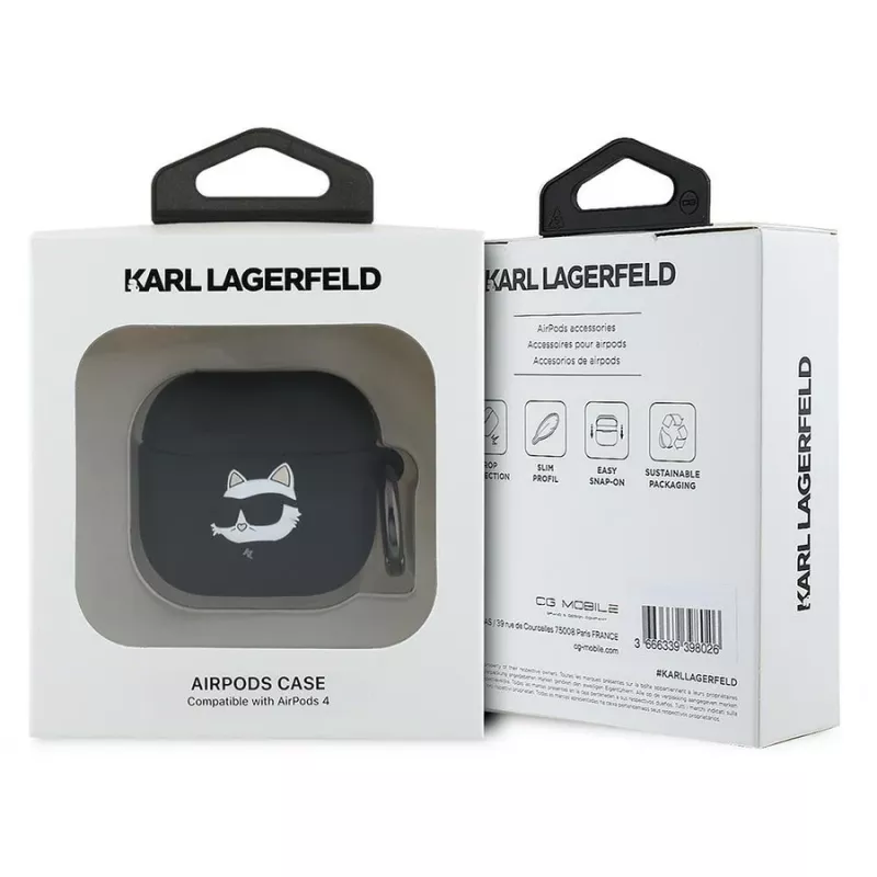 Capa Karl Lagerfeld KLA4RUNCHK para AirPods 4 preta em silicone com cabeça Choupette 3D