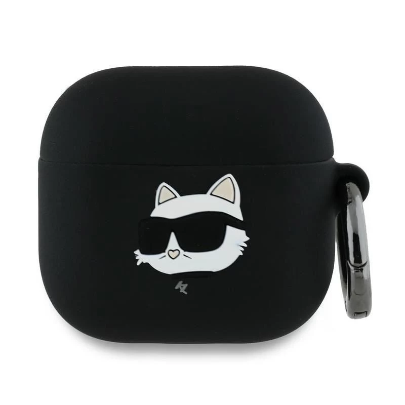 Capa Karl Lagerfeld KLA4RUNCHK para AirPods 4 preta em silicone com cabeça Choupette 3D