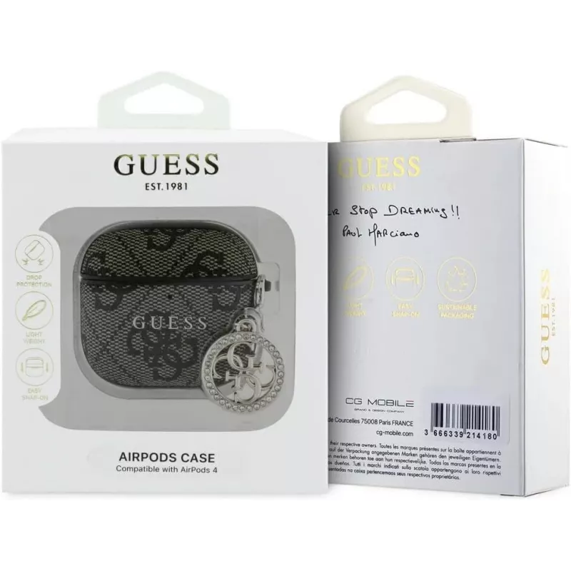 Capa protetora Guess 4G Strass Charm para Apple AirPods 4, castanha